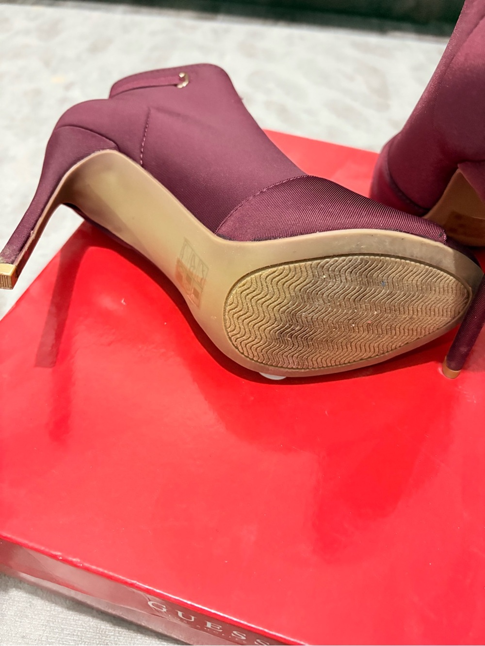 Guess Burgundy Peep-Toe Front-Zip Stretch Booties - Picture 4 of 4
